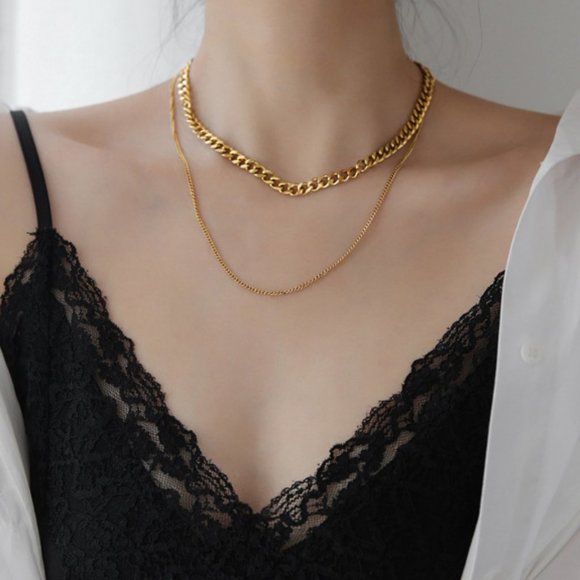 18K Gold Plated Double Layer Link Chain Necklace - Picture 3 of 8
